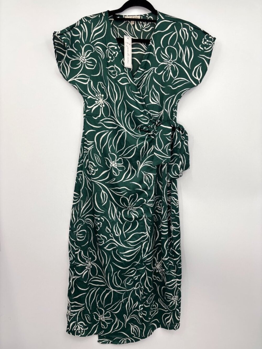 Joie De Vivre V-Neck Wrap Midi Floral Dress Green White Size Medium NEW